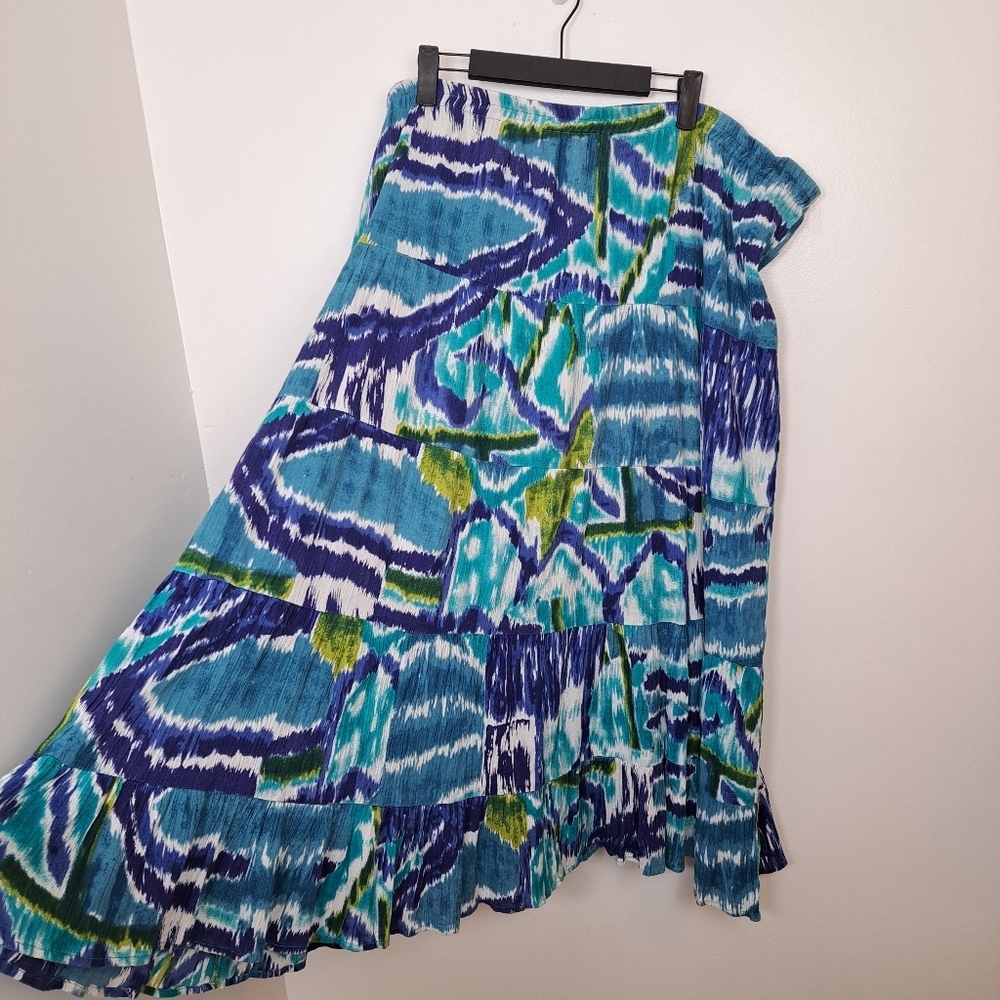 Notations Blue Green White Beachy Summer Tiered Watercolor Midi‎ Skirt Size 3X